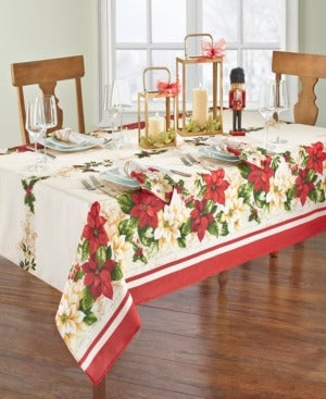 Elrene Red and White Poinsettias Tablecloth - 60" X 84" - Multi